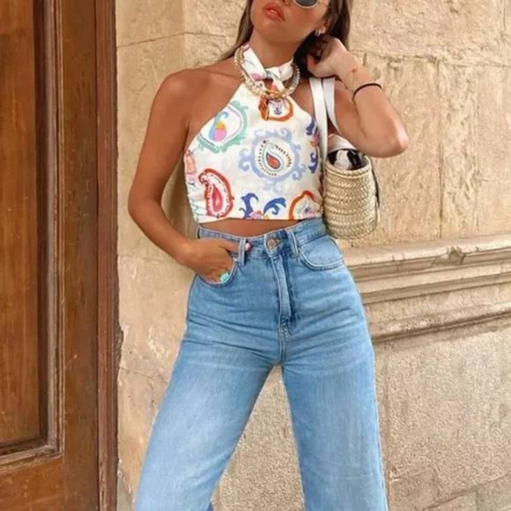 Zara Summer Colourful Patterned Halter Crop Top